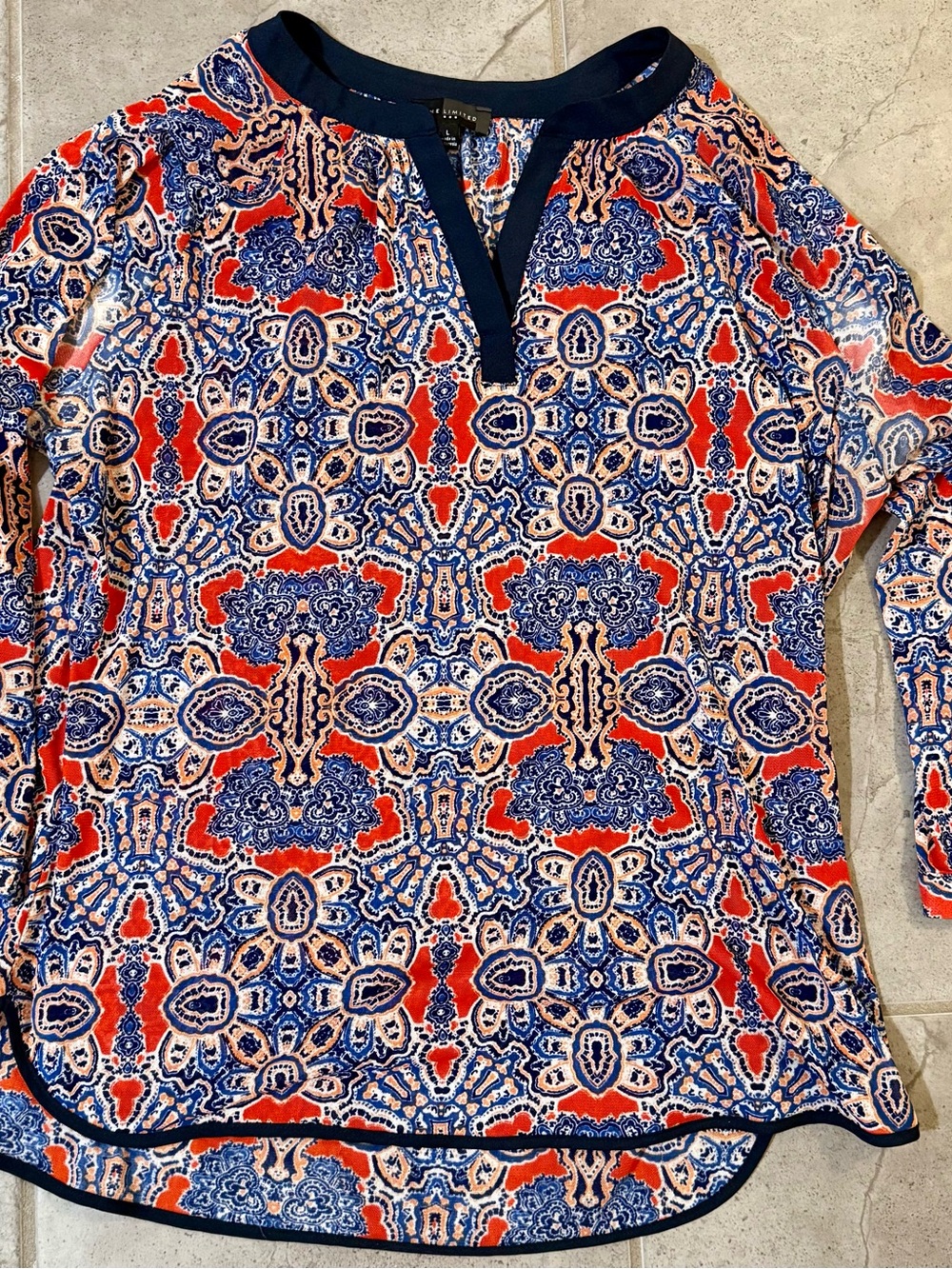 Women's Patterned Long-Sleeve Shirt in Navy, Red, and White